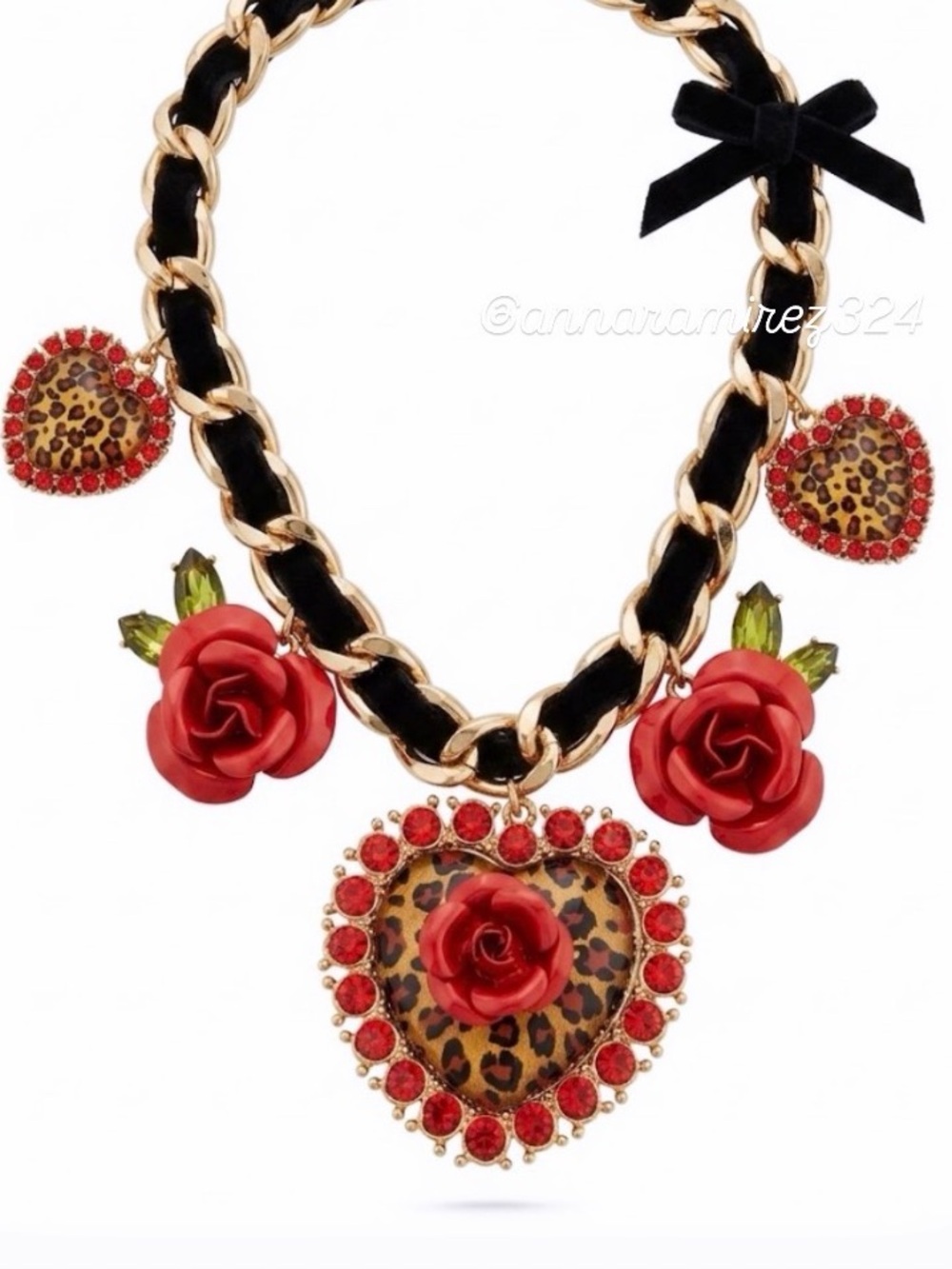 NWT ⚜️♥️⚜️ Betsey Johnson Red Rose & Leopard Heart Statement Necklace